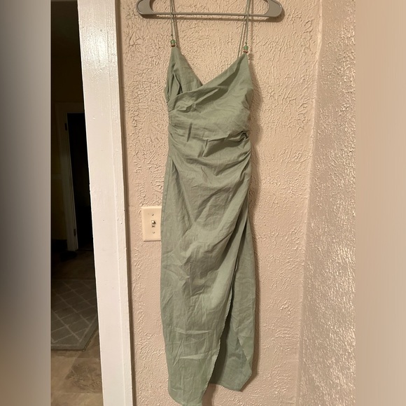 Zara Ruched Linen Blend Midi Dress Sea Green Size XS - Picture 6 of 11